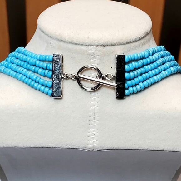 Multi Strand Blue Seed Bead Clear Rhinestone Necklace 16" Retro Silver Tone - Picture 3 of 4